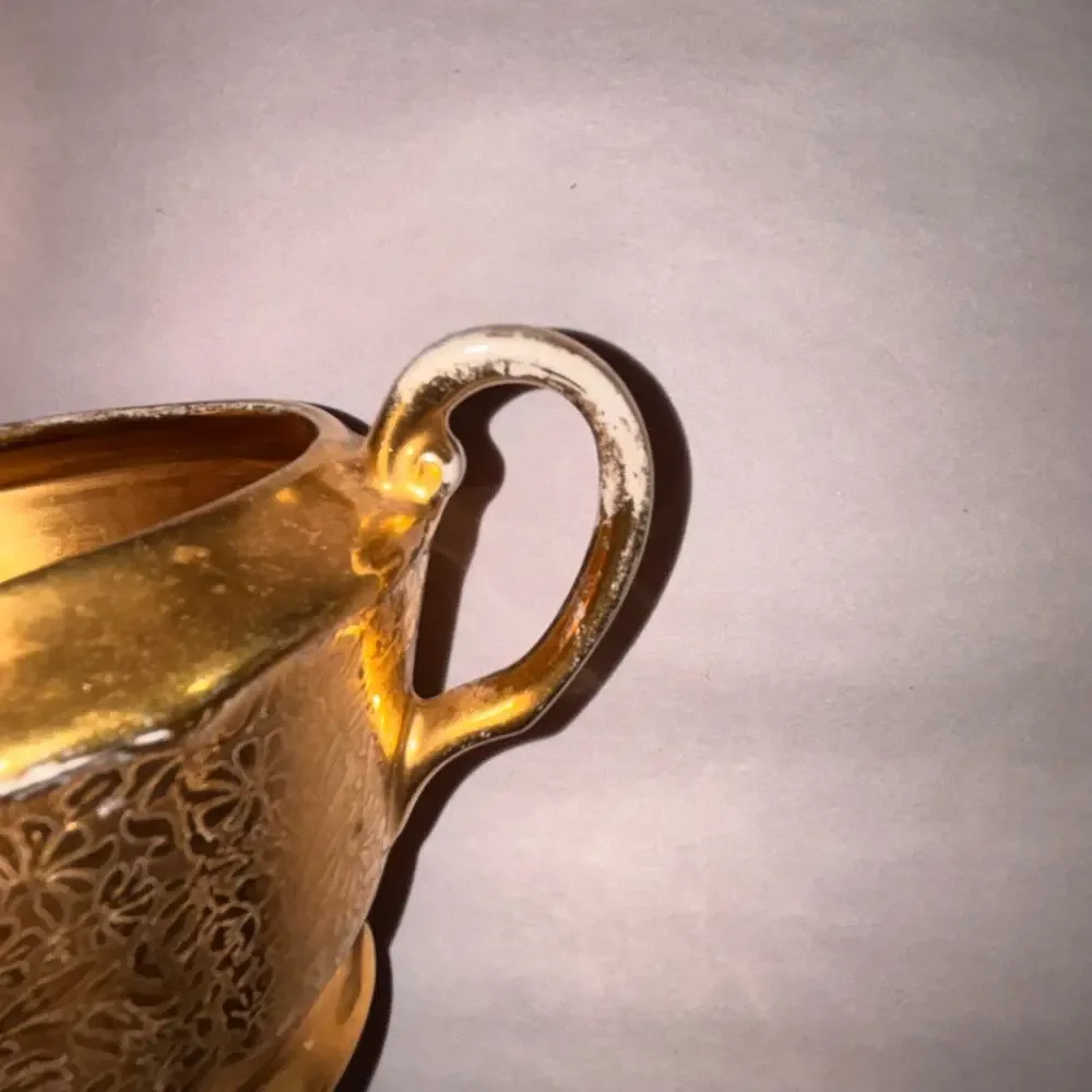 Wheeling DEC Creamer & Sugar Vintage Gold Floral Set #418 MCM